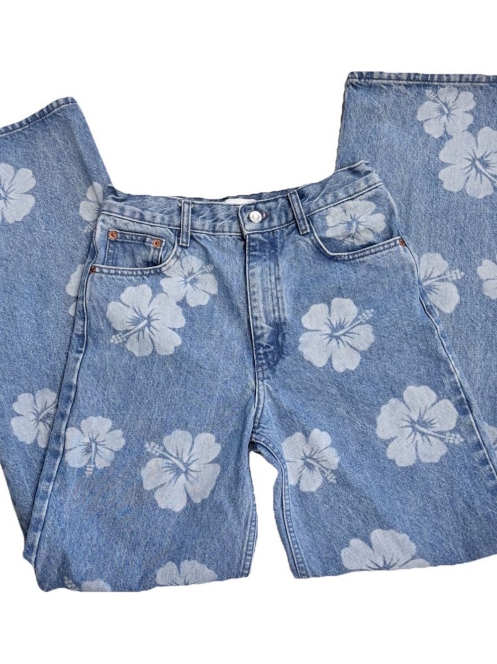ZARA Wide Leg High Rise Hibiscus Print Jeans Size 2 - Picture 7 of 13